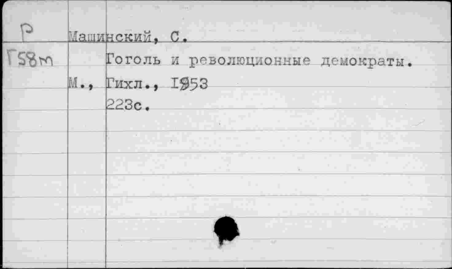 ﻿р	Маши	некий, С.
		Гоголь и революционные демократы.
	М.,	Гихл., 1^53
		223с.
		
		
		
		
		
		
		